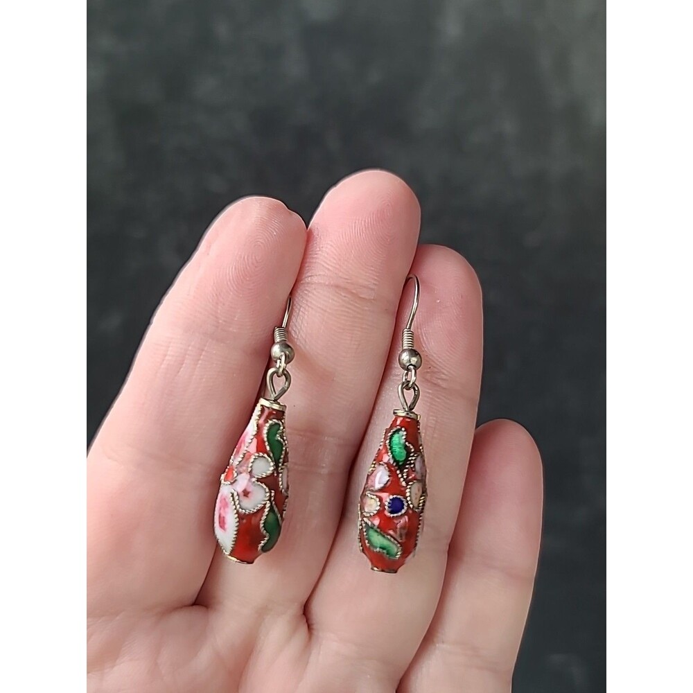 Cloisonne Floral Pierced Dangling Earrings